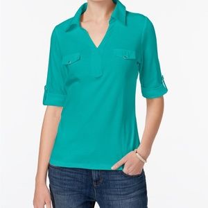 NWT XXL Karen Scott Crisp Teal Cotton Roll-Tab-Sleeve Knit Top